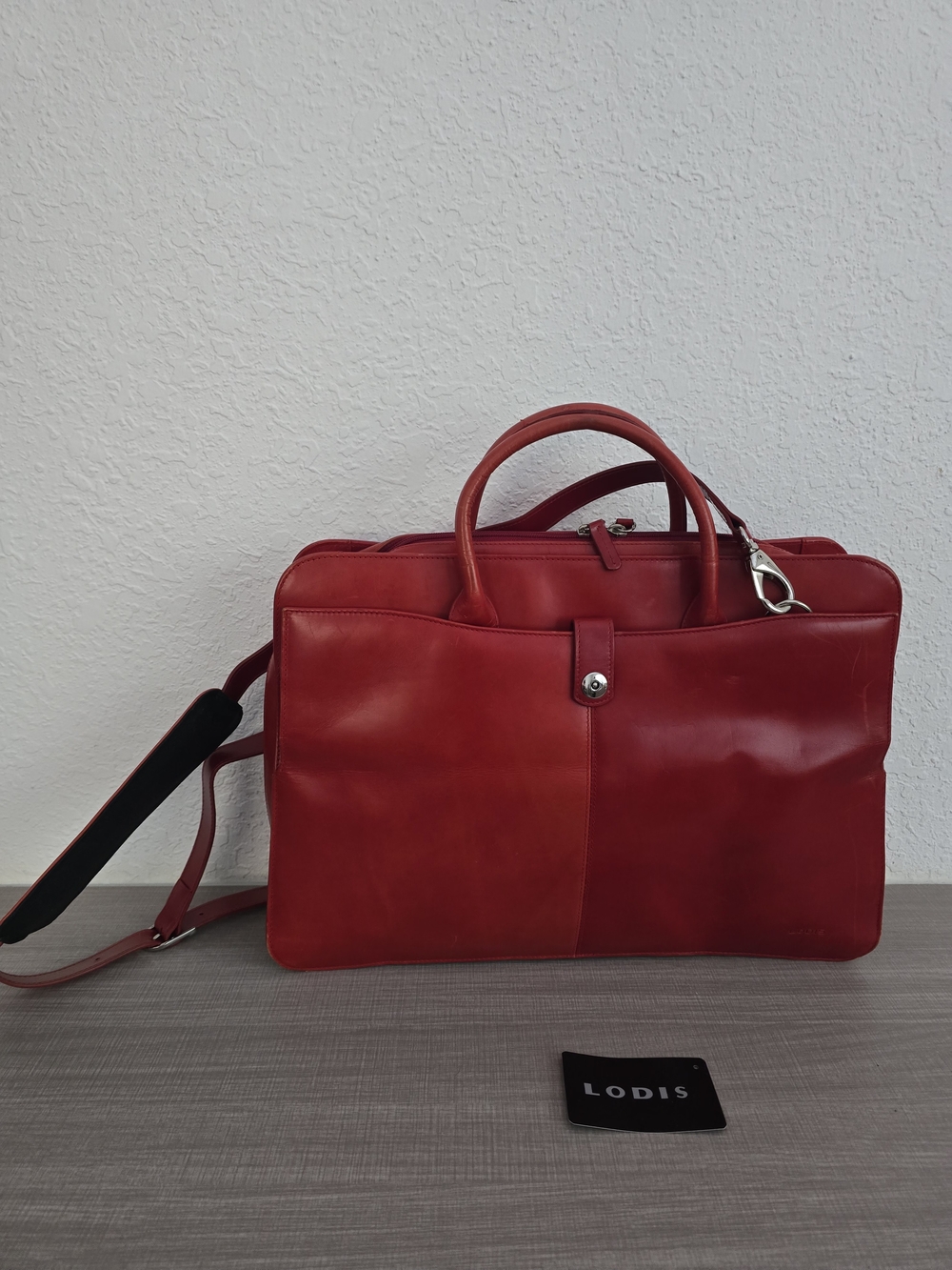 LODIS Red Genuine Leather Briefcase Laptop Bag Satchel Shoulder Strap Organizer